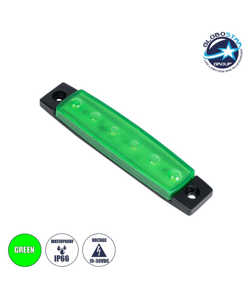 GloboStar® 79902 Πλευρικά Φώτα Όγκου Φορτηγών LED 6xSMD2835 DC 10-30V 1.5W 100lm IP66 Πράσινο - Μ9.5 x W2 x H1.1cm